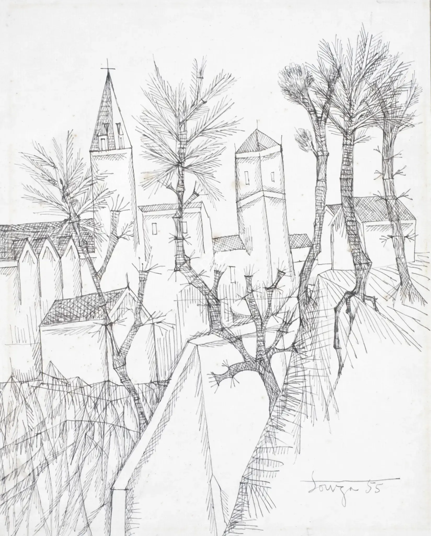 Souza, F.N. (Artist). Untitled (Townscape), 1955 | Drawing