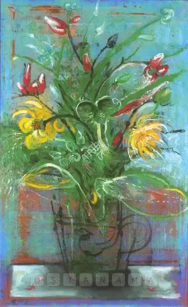 Parekh, Manu (Artist). Blue Flowers With Vase, n.d. | Painting