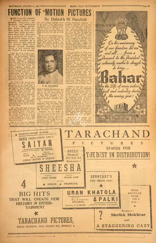 Function of Motion Pictures. In Blitz - Asia's Foremost News Magazine. p. 21. Bombay: Homi D. Mistry, 11 August 1951 | Film Review | CinemaEducation | 00143828