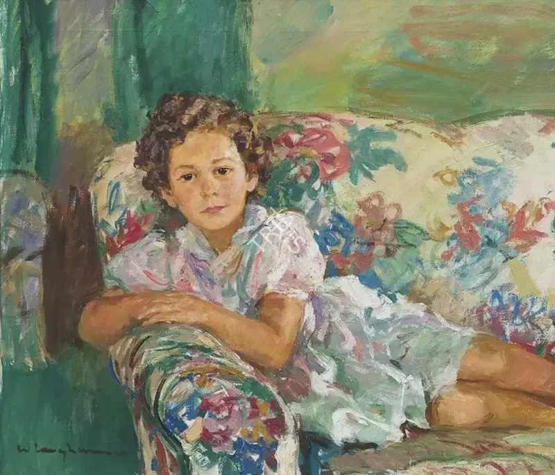 Langhammer, Walter (Artist). Untitled (Portrait of a Child Reclining on a Sofa), circa 1940 | Painting