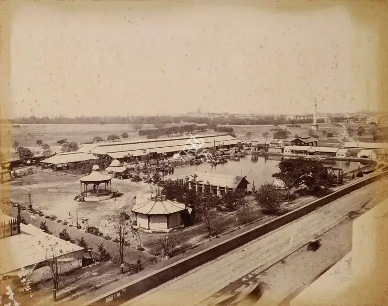 Narayan, Shew Shankar (Photographer). Birds eye View of the Machinery Shed and its Surroundings - From the album 'Calcutta International 1883-84 Exhibition Views'. Albumen print pasted on mount, 1883-1884 | Antiquarian Photograph | Photography | 00115313