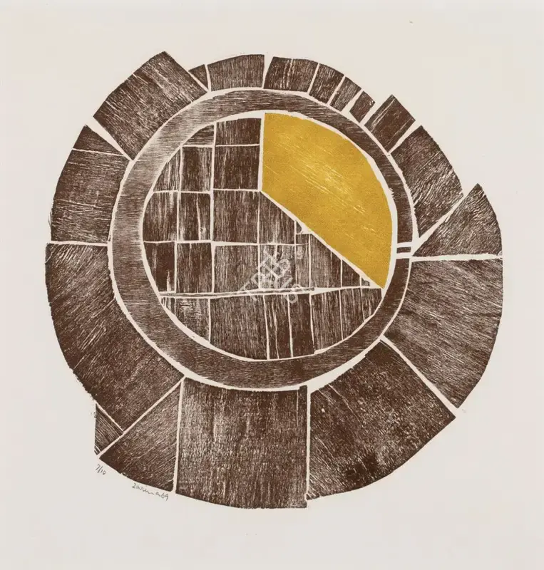 Hashmi, Zarina (Artist). Untitled. Relief print from collaged wood, printed in burnt umber on Indian handmade paper; Edition 7/10, 1969 | Drawing | EconomicsArt | 00870593