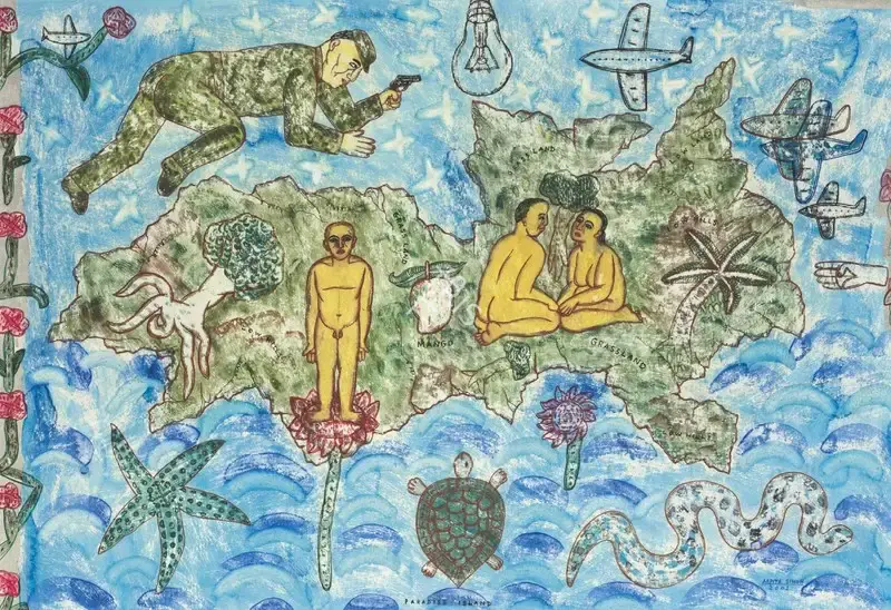 Singh, Arpita (Artist). Paradise Island, 2001 | Drawing