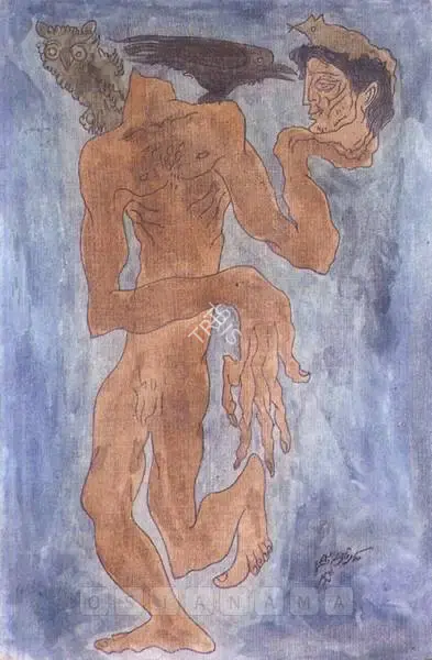 Sadequain (Artist). Beheaded Man with Crow, Owl and Rat, 1972 | Painting