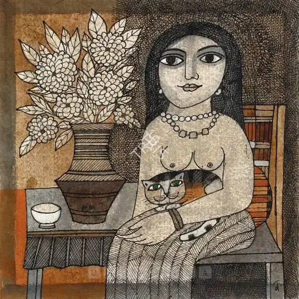 Narayan, Badri (Artist). Girl With Cat, 1987 | Painting
