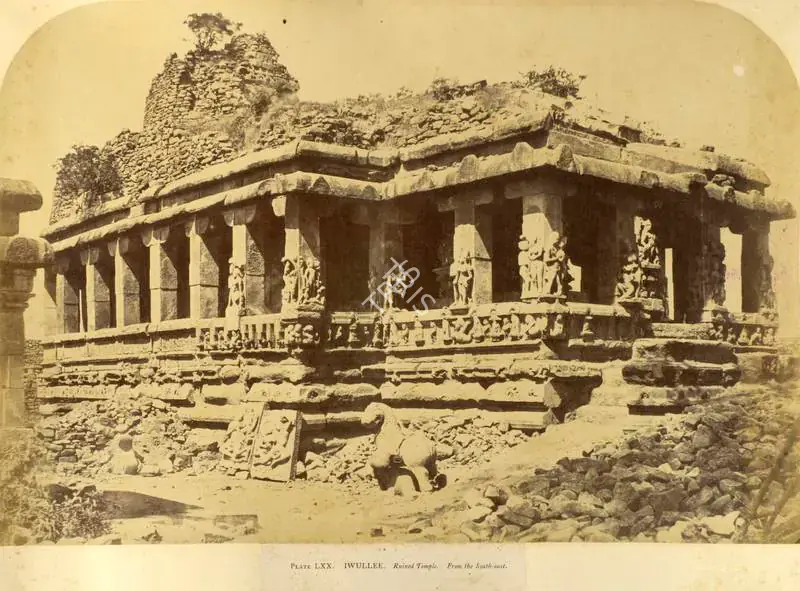 Biggs, Colonel Thomas (Photographer). Iwullee. Ruined Temple. From the South-east - Architecture in Dharwar and Mysore Published by John Murray. London 1866. Photographs by Dr. William Henry Pigou, Dr. Andrew C. Neill and Col. Thomas Biggs with an historical and descriptive memoir by Colonel Meadows Taylor and architectural notes by James Fergusson. Albumen print pasted on mount, c.1855 | Antiquarian Photograph | Photography | 00115968