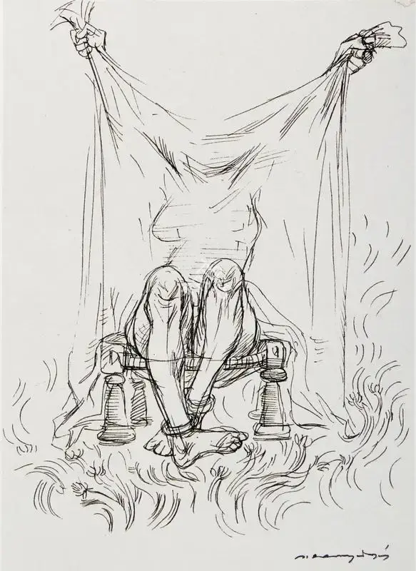 Ramachandran, A. (Artist). Yellow Robes, Three Sketches. Pen and ink on thick paper, n.d. | Drawing | FineArts | 00600077