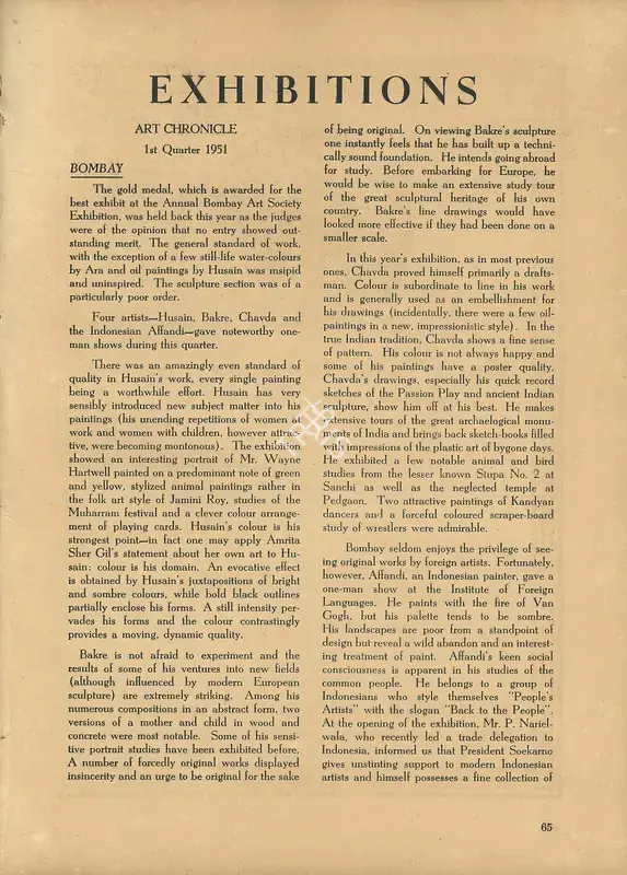 B., S. and A.S.R. (Essayists). Exhibitions - Art Chronicle- 1st quarter 1951. In Marg. 5(1), pp. 65-67. Bombay: Modern Artists and Architects Research Group, July 1951 | Essay | FineArts | 00668805, 1951