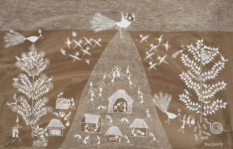 Mashe, Jivya Soma (Artist). Untitled (Hermit's Daughter) (Warli Painting). Acrylic and cow dung on paper, n.d. | Painting | FineArts | 00417624