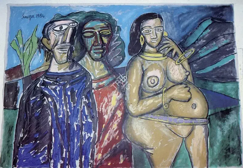 Souza, F.N. (Artist). Two Men and Pregnant Woman. Oil on canvas, 1984 | Marg, September 1985 | Painting | FineArts | 00675051