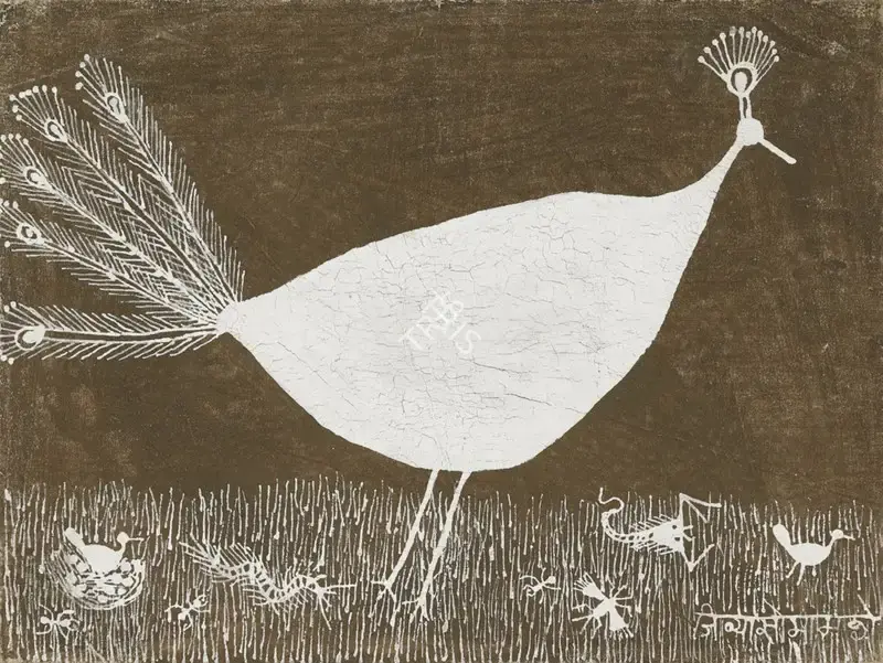 Mashe, Jivya Soma (Artist). Peacock. Acrylic and cow dung on cloth laid on board, n.d. | Painting  | 00868423