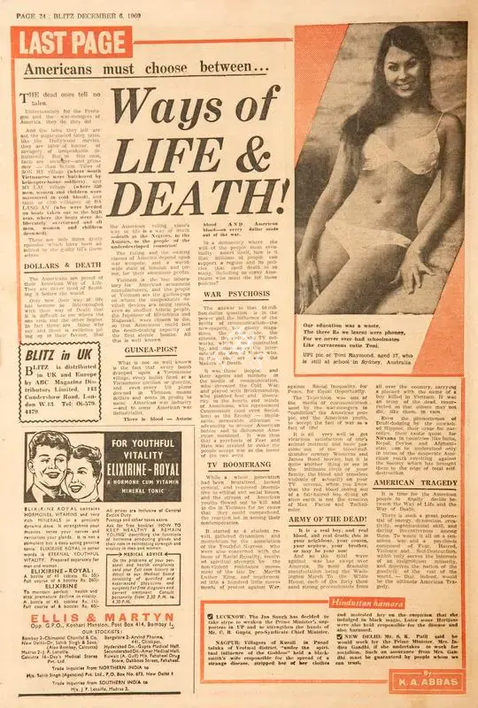 Abbas, Khwaja Ahmad (Columnist). Ways of Life and Death !. In Blitz - Hindi Sanskaran. p. 24. Bombay: R.K. Karanjia, 06 December 1969 | Essay | CinemaEducation | 00465563