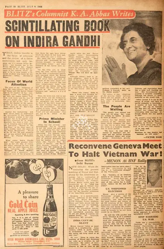 Abbas, Khwaja Ahmad (Columnist). Scintillating Book on Indira Gandhi. In Blitz - India's Greatest Weekly. p. 20. Bombay: R.K. Karanjia, 09 July 1966 | Essay | CinemaEducation | 00464916