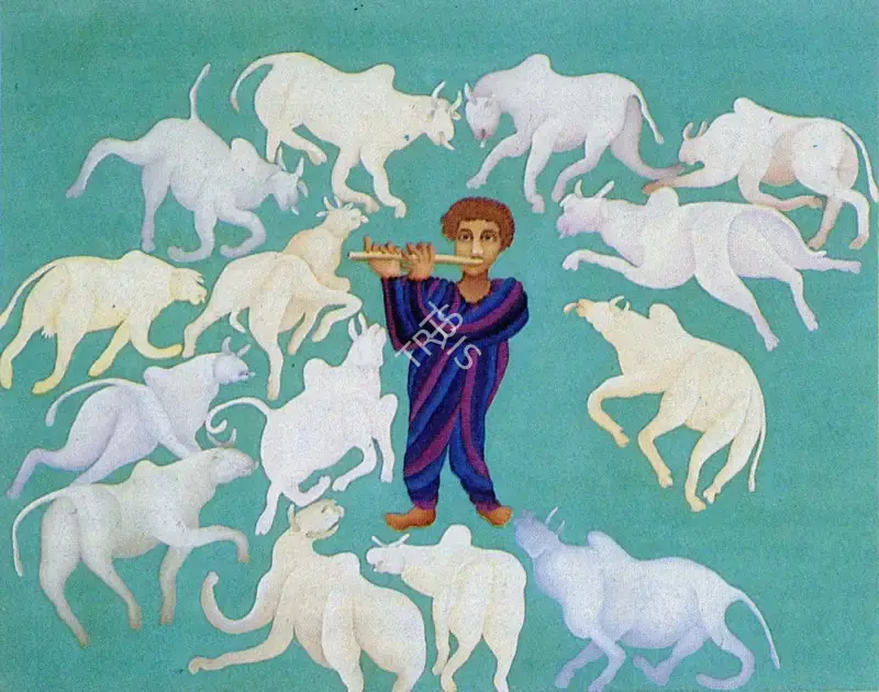 Bawa, Manjit (Artist). Krishna and the Dancing Cows II, 1982 | Painting