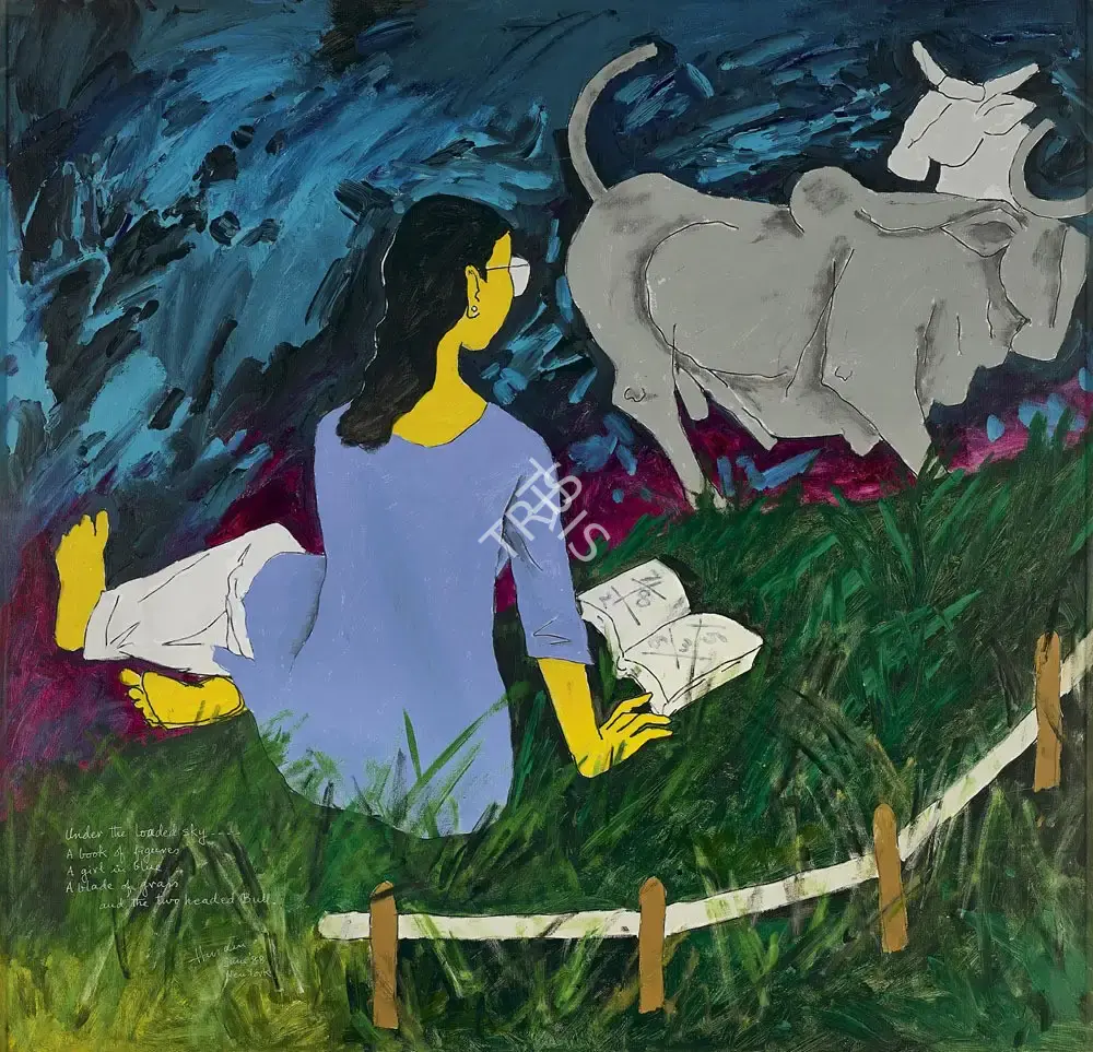 Husain, M.F. (Artist). Untitled (Girl In Blue And The Two Headed Bull), 1988 | Painting