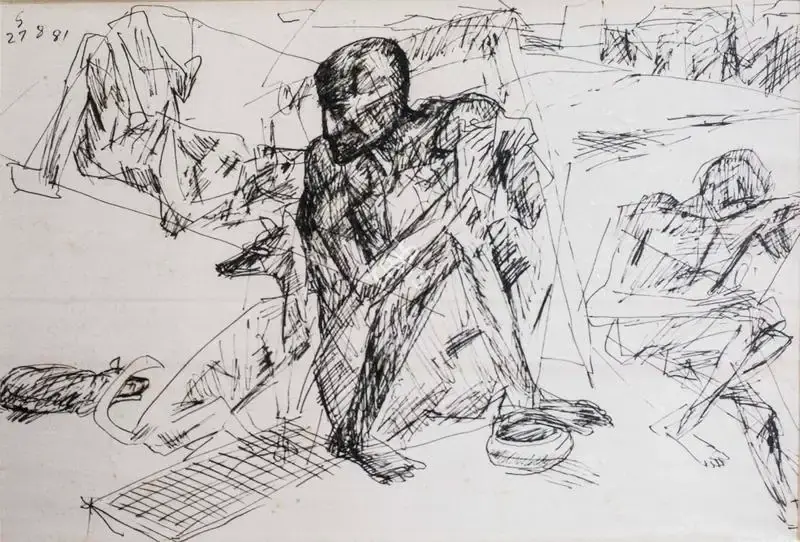 Hore, Somnath (Artist). Untitled (Village scene), 1981 | Drawing