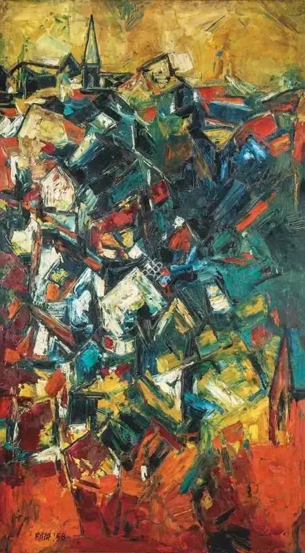 Raza, S.H. (Artist). Village. Acrylic on canvas, 1958 | Painting | FineArts | 00416086