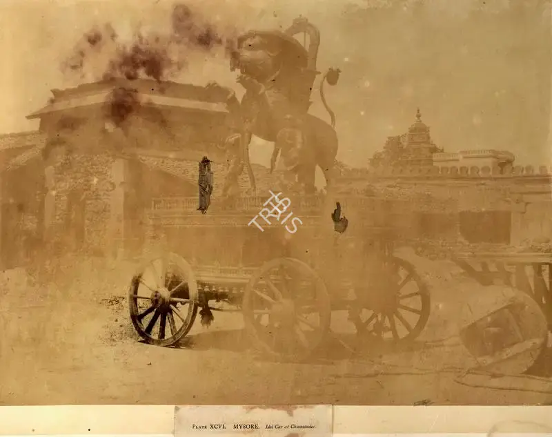 Pigou, William Henry (Photographer). Mysore. Idol Car at Chamoondee - From the album "Architecture in Dharwar and Mysore Published by John Murray. London 1866. Photographs by Dr. William Henry Pigou, Dr. Andrew c.Neill and Col. Thomas Biggs with an historical and descriptive memoir by Colonel Meadows Taylor and  architectural notes by James Fergusson". Albumen print pasted on mount, c.1856 | Antiquarian Photograph | Photography | 00115064