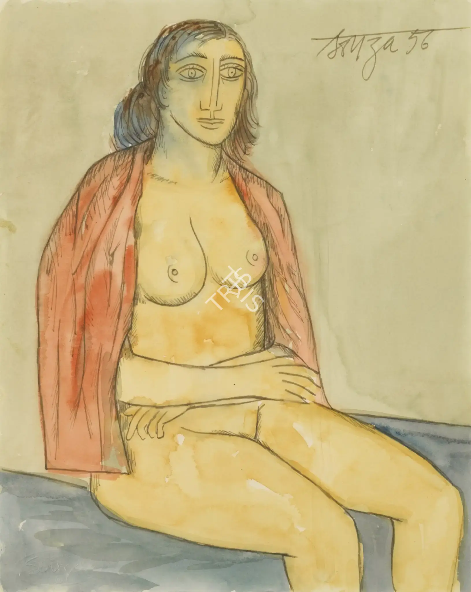 Souza, F.N. (Artist). Untitled (Seated Nude With Red Shawl), 1956 | Painting