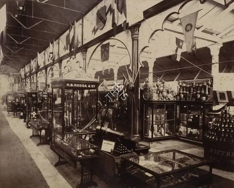Narayan, Shew Shankar (Photographer). Interior of the Calcutta Court - 2nd View - From the album 'Calcutta International 1883-84 Exhibition Views'. Albumen print pasted on mount, 1883-1884 | Antiquarian Photograph | Photography | 00115310