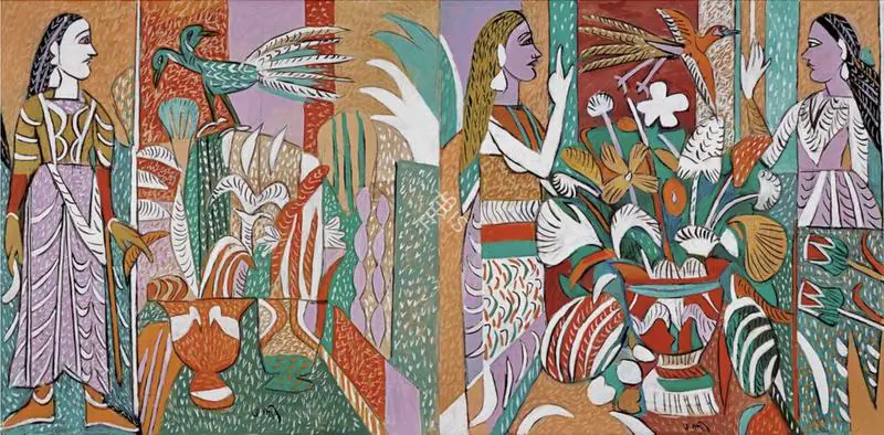 Subramanyan, K.G. (Artist). Figures With Mystical Birds, 2015 | Painting