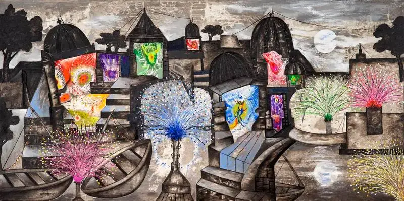 Parekh, Manu (Artist). Moonlight Festival at Banaras, 2014 | Painting
