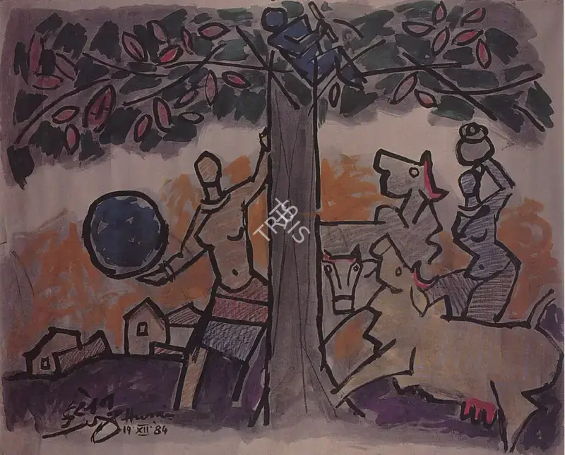 Husain, M.F. (Artist). Krishna, Radha and the Gopis, 1984 | Painting