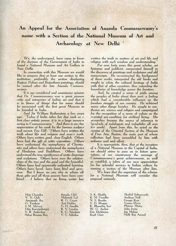 An Appeal for the Association of Ananda Coomaraswamy's name with a Sectionof the National Museum of Art and Archaeology at New Delhi. In Marg. 4(1), p. 41. Bombay: Modern Artists and Architects Research Group, April 1950 | Essay | FineArts | 00668782, 1950