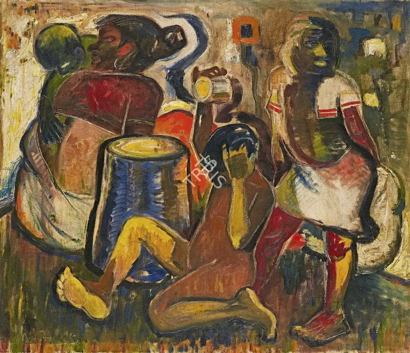 Husain, M.F. (Artist). Morning Bath (Snaan). Oil on canvas, 1940s | Painting | EconomicsArt | 00871353