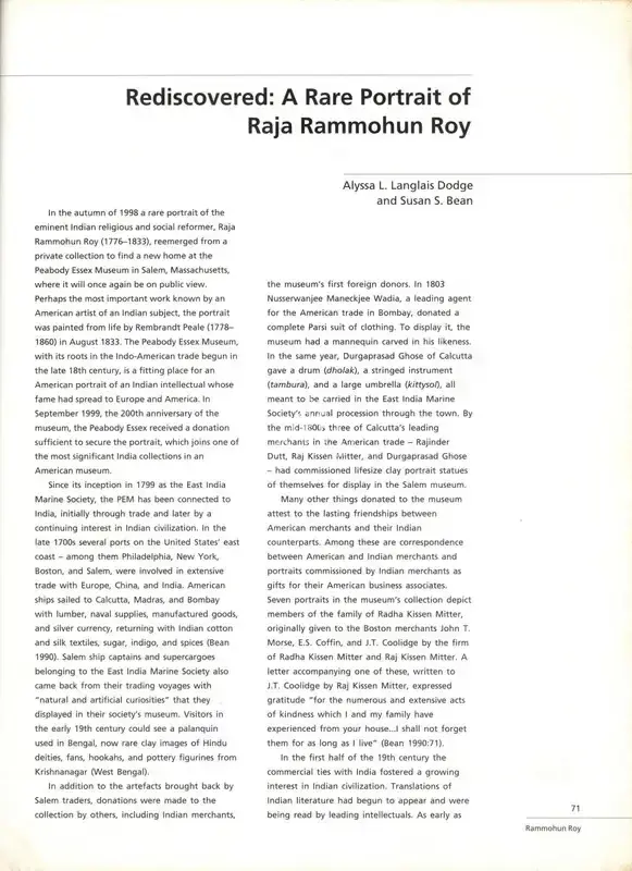 Diodge, Alyssa L. Langlais and Susan S. Bean (Essayists). Rediscovered - A Rare Portrait of Raja Rammohun Roy. In Marg - 2000- The Performing Arts. 52(2), pp. 70-74. Mumbai: J.J. Bhabha, December 2000 | Essay | FineArts | 00669069