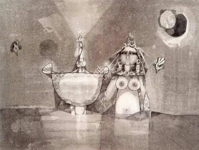 Pyne, Ganesh (Artist). Woman and the Fountain, n.d. | Drawing