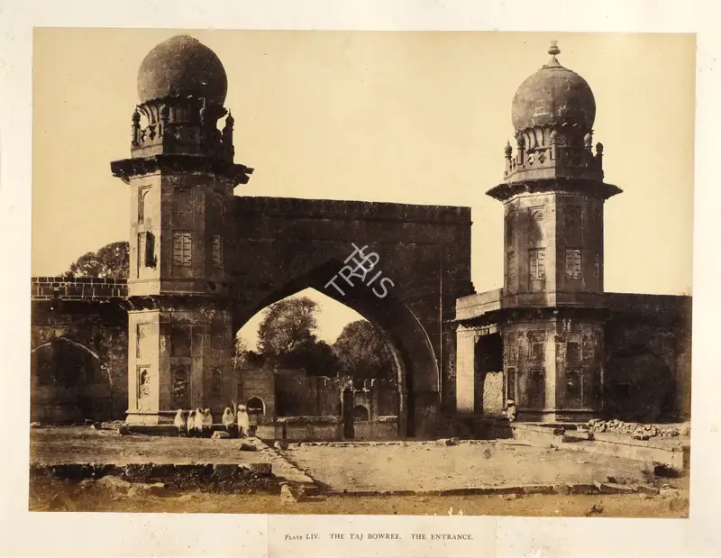 Biggs, Colonel Thomas (Photographer). The Taj Bowree. The Entrance, Bijapur - From the album "Architecture at Beejapoore. An Ancient Mohammedan Capital in the Bombay Presidency Published by John Murray. London 1866. Photographs by Dr. William Henry Pigou, Dr. Andrew c.Neill and Col. Thomas Biggs with an historical and descriptive memoir by Colonel Meadows Taylor and  architectural notes by James Fergusson". Albumen print pasted on mount, c.1855 | Antiquarian Photograph | Photography | 00115025