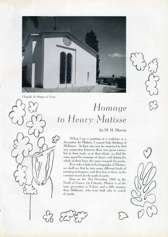 Murcia, M.H. (Essayist). Homage to Henry Matisse. In Marg. 8(3), pp. 91-94. Bombay: Marg, June 1955 | Essay | FineArts | 00668836, 1955