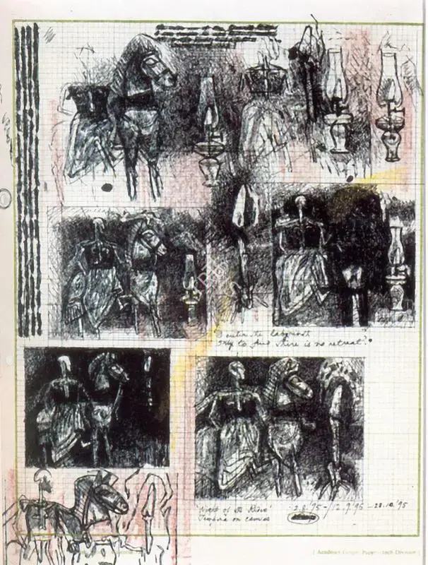 Pyne, Ganesh (Artist). Night of the Rider and Subsidiary Studies of the Horses and Lamps, 1997 | Drawing