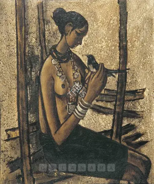 Prabha, B. (Artist). Woman With Bird, 1966 | Painting
