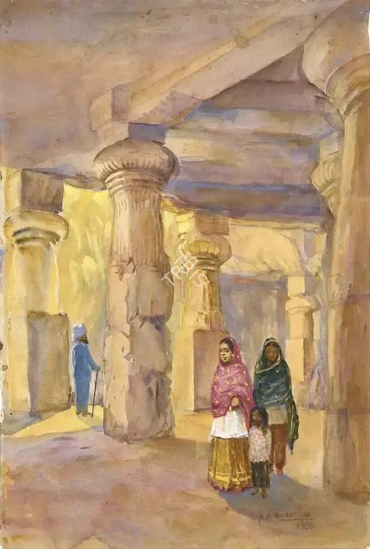 Sardesai, N.R. (Artist). Elephanta Caves. Gouache on paper, n.d. | Painting | EconomicsArt | 00868295