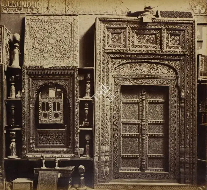 Narayan, Shew Shankar (Photographer). Carved, inlaid and lacquered Wood Work - Punjab Court - From the album 'Calcutta International 1883-84 Exhibition Views'. Albumen print pasted on mount, 1883-1884 | Antiquarian Photograph | Photography | 00115284