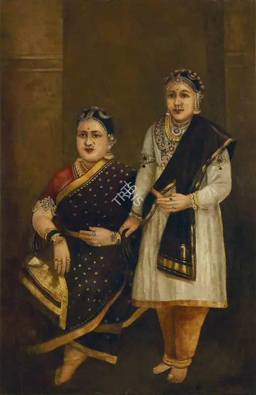 Varma, Raja Ravi (Artist). H.H. Janaki Subbamma Bai Sahib Rani of Pudukkottai & her daughter. Oil on canvas, c.1886 | Painting | FineArts | 00343023
