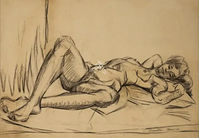 Sabavala, Jehangir (Artist). Reclining Nude. Charcoal on paper, 1949 | Painting | FineArts | 00604655