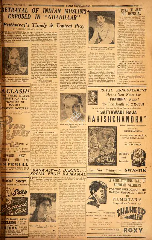 Banwasi" - A Daring… Social From Rajkamal. In Blitz - Asia's Foremost News Magazine. p. 19. Bombay: R.K. Karanjia, 21 August 1948 | Film Review | CinemaEducation | 00143660