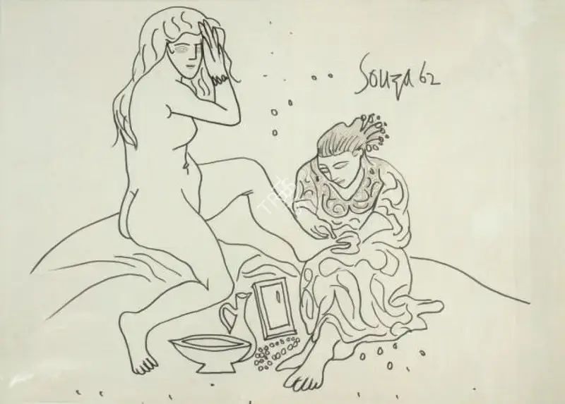Souza, F.N. (Artist). Bathsheba at her Bath, n.d. | Drawing