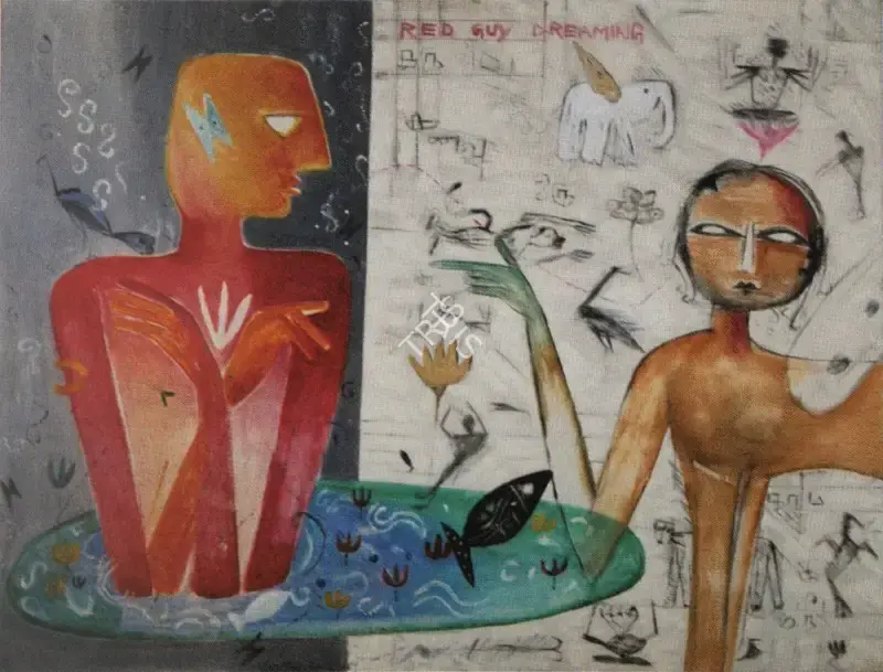 Muralidharan, K. (Artist). Red Guy Dreaming. Oil on canvas, n.d. | Painting | FineArts | 00898281