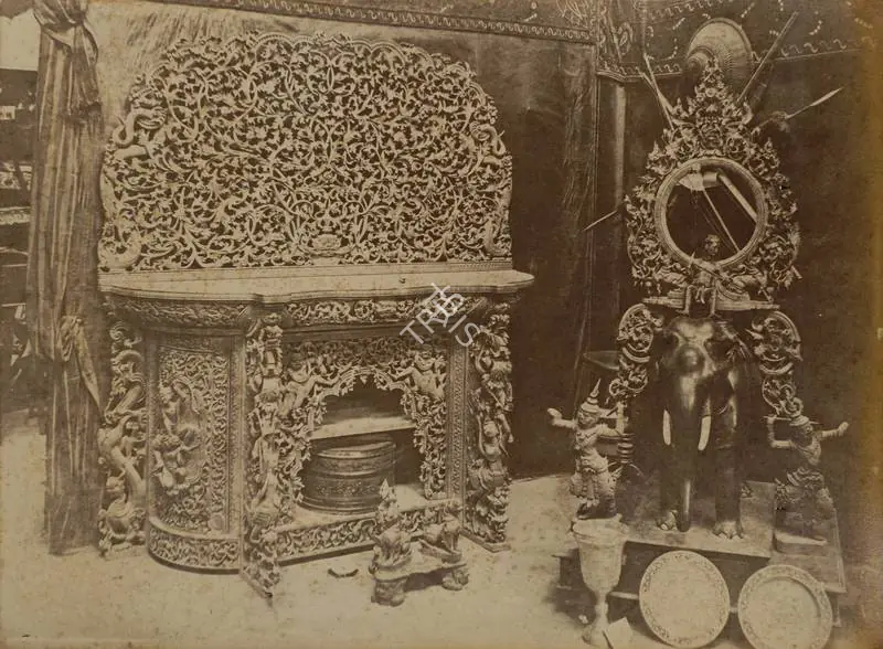 Narayan, Shew Shankar (Photographer). Carved Wood Sideboard and Stand for a Gong - Burmese Court - From the album 'Calcutta International 1883-84 Exhibition Views'. Albumen print pasted on mount, 1883-1884 | Antiquarian Photograph | Photography | 00115298