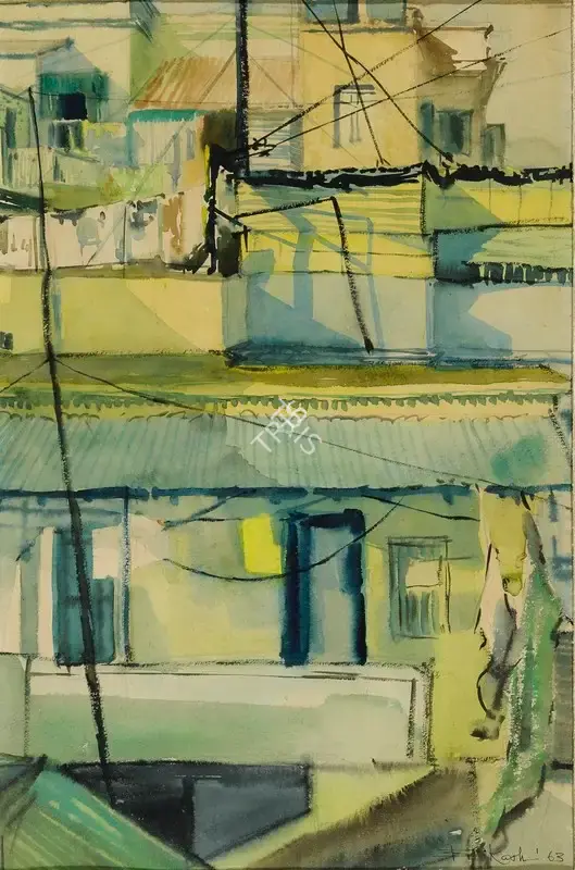 Bhattacharjee, Bikash (Artist). Untitled (Rooftops), 1963 | Painting