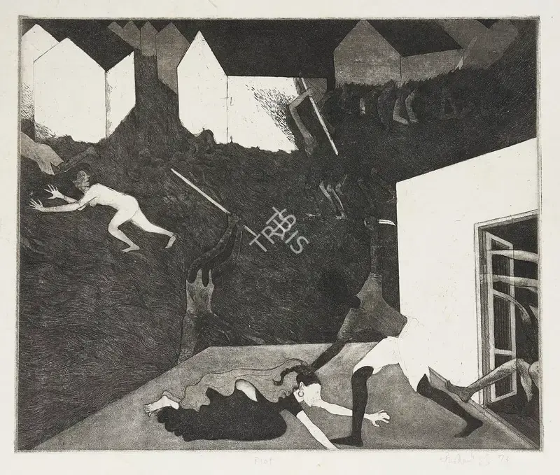 Sheikh, G.M. (Artist). Riot. Etching on paper, 1973 | Graphic Art | EconomicsArt | 00869852
