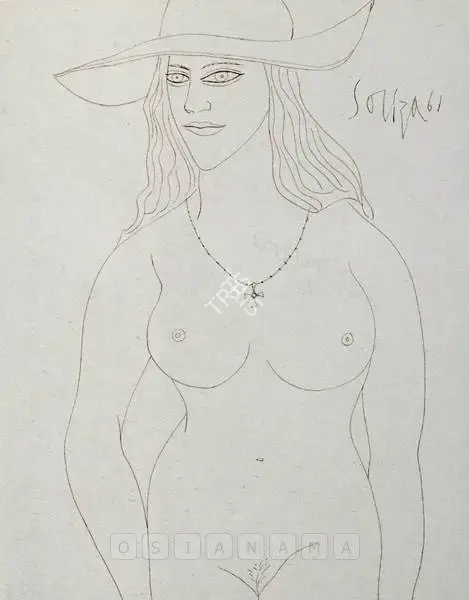 Souza, F.N. (Artist). Untitled (Nude Wearing Brimmed Hat), 1961 | Drawing