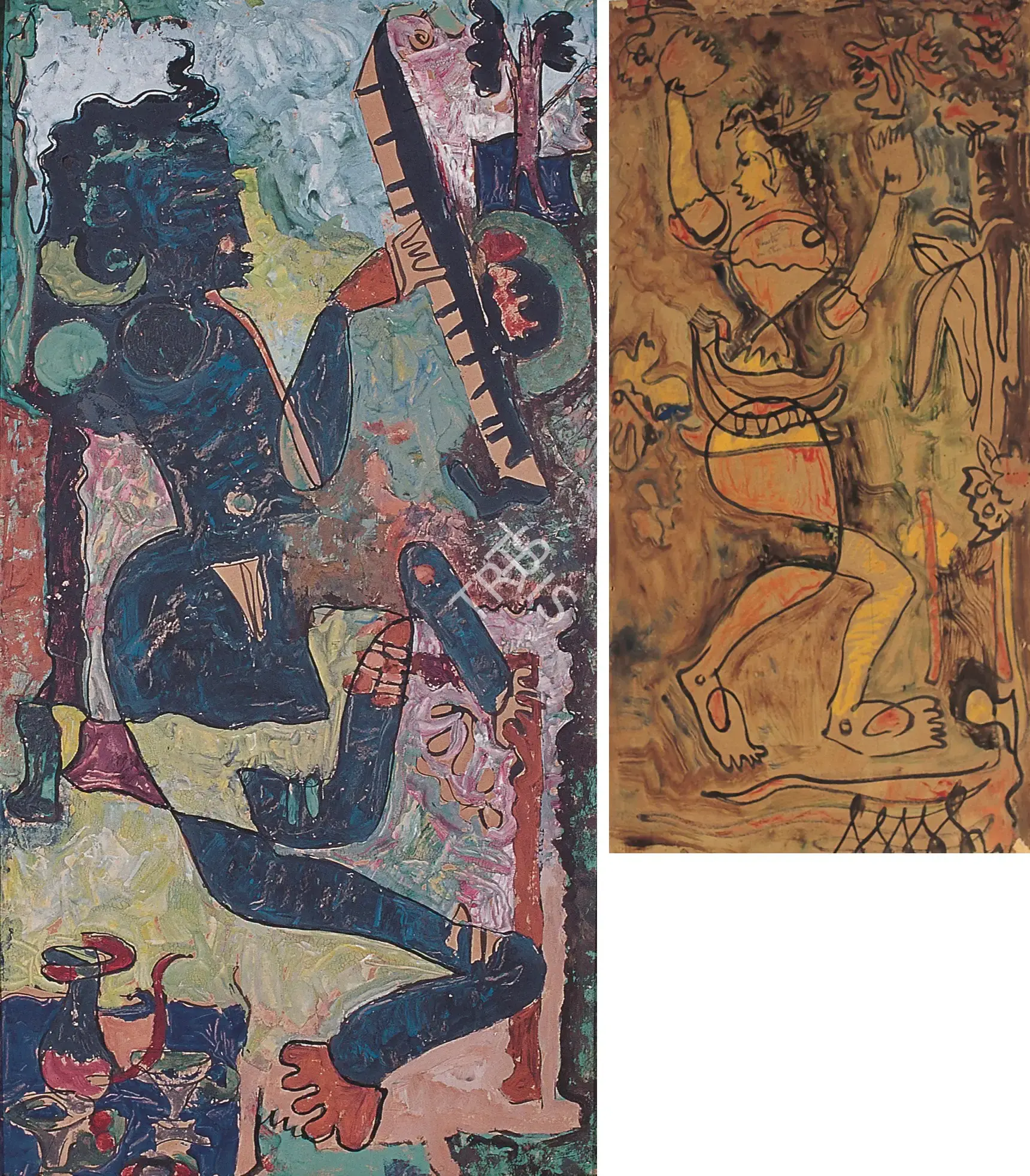 Samant, Mohan (Artist). Woman With Sitar (Double-Sided Painting), c.1954 | Painting