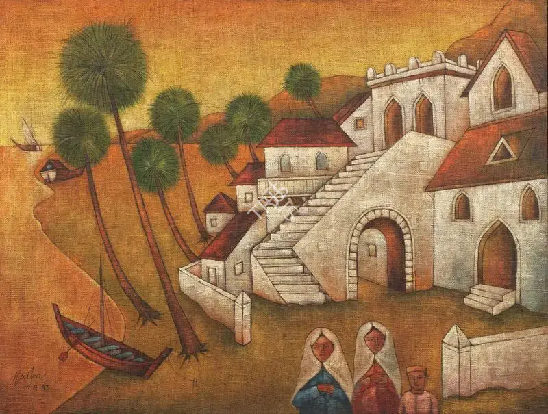 Raiba, A.A. (Artist). Untitled (Villagers and buildings on a sea shore). Oil on jute, 1993 | Painting | FineArts | 00417306