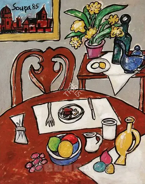 Souza, F.N. (Artist). Still Life With Table Setting. Acrylic on paper, 1985 | Painting | FineArts | 00376018