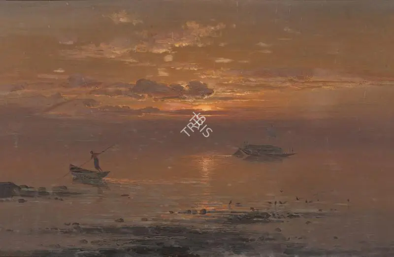 Gangooly, J.P. (Artist). Untitled (Fishermen at Sunrise). Oil on paper laid on board, n.d. | Painting | FineArts | 00353616
